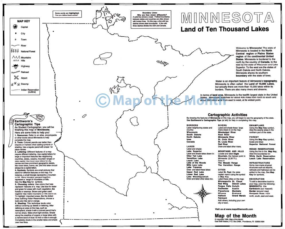 Minnesota map - Blank outline map, 16 by 20 inches, activities included