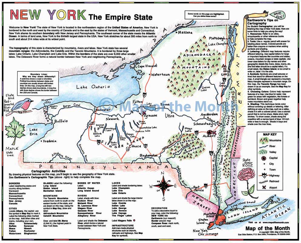 New York map - Blank outline map, 16 by 20 inches, activities included