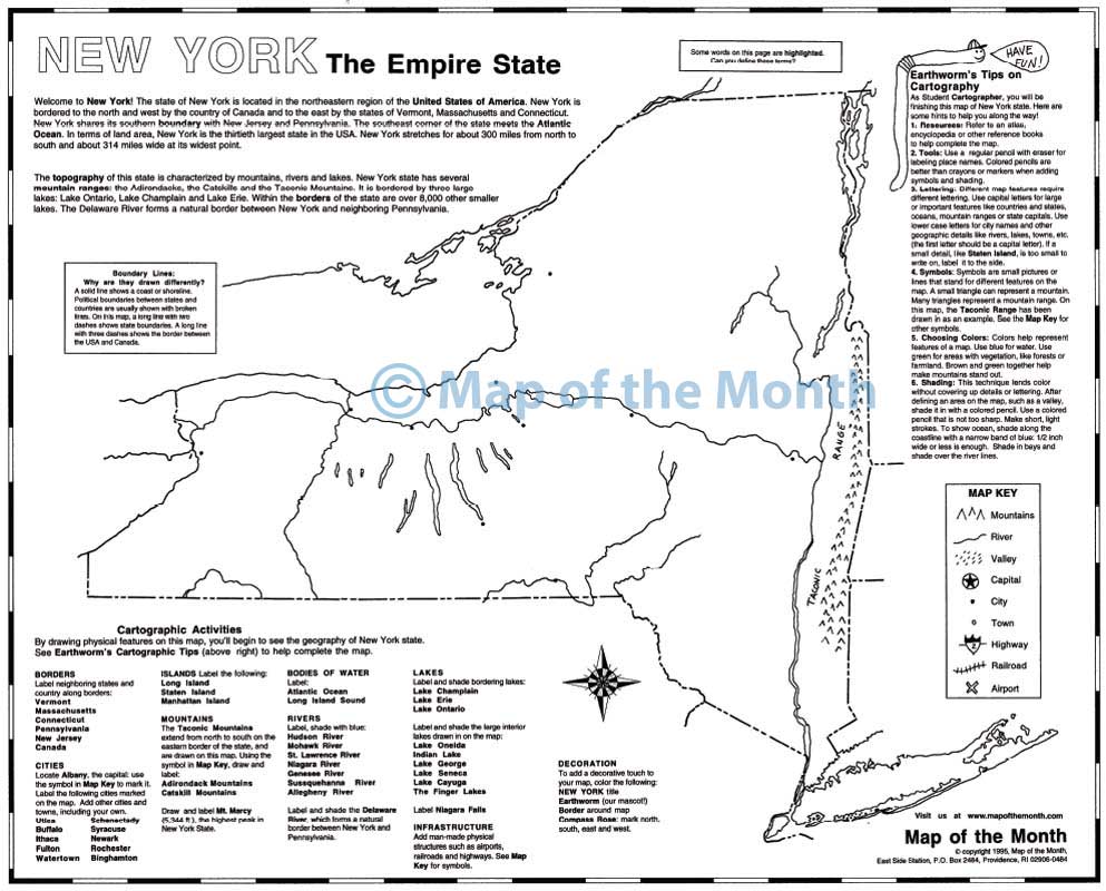 New York map - Blank outline map, 16 by 20 inches, activities included